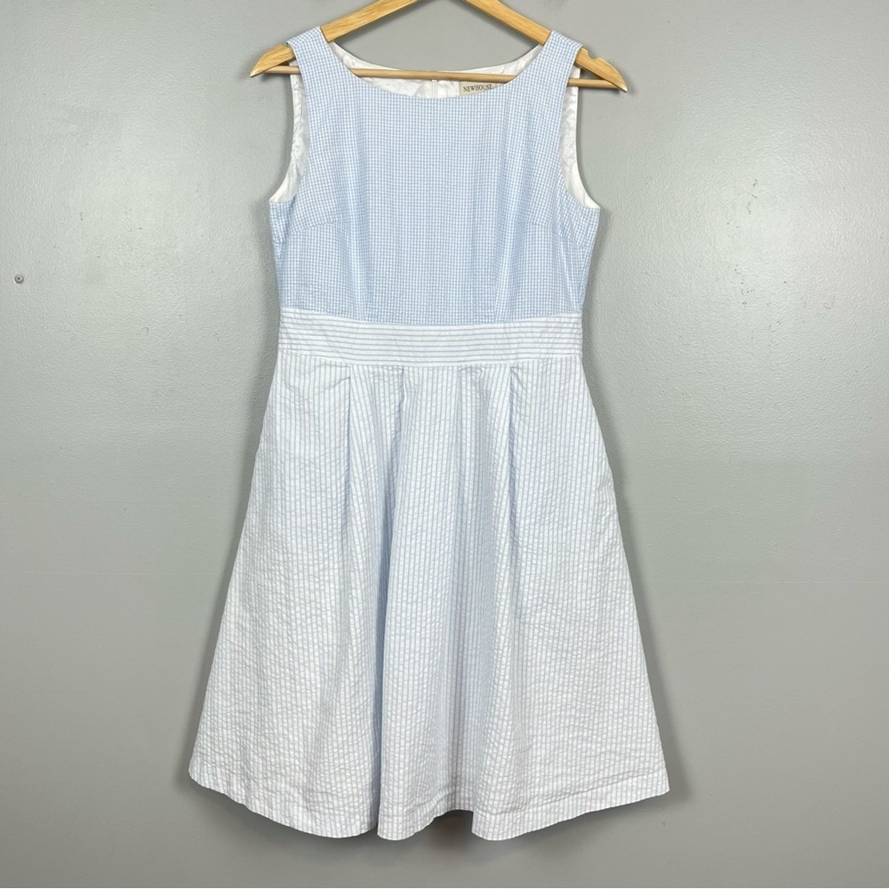 Newhouse cotton blue white gingham & stripe seersucker fit & flare dress, US 6.